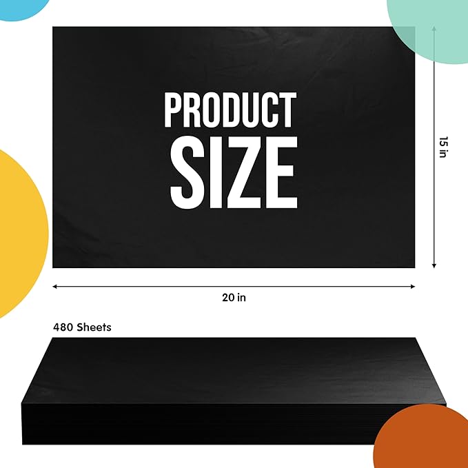 Party Solids Black Tissue Paper for Gift Bags - 15" X 20" Bulk Tissue Paper Black 480 Sheets - 10lb Newsprint for Packing, Birthday Gift Box Filler, Packing Supplies for Moving Supplies
