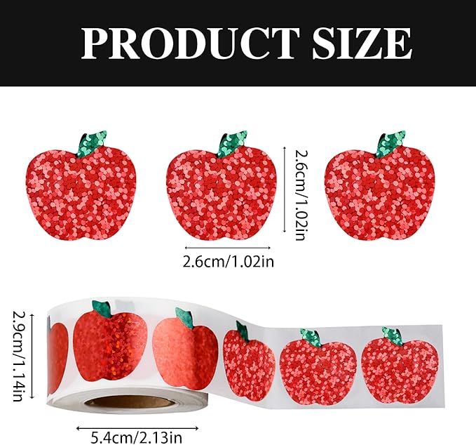 500Pcs Sparkly Laser Apple Decals for Teacher Rewards 1 roll Back to School Apple Stickers Roll for First Day of School Party Supplies Envelope Scrapbook Decor (Red)