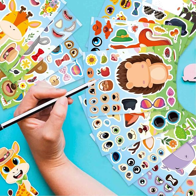 24 Sheets Make a Face Stickers, Animal Stickers for Kids Make Your Own Mix and Match Sticker Sheets with 12 Wild Animals Designs, Fox Elephant Hedgehog, Kids Party Favors Activities