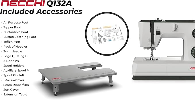 NECCHI Q132A Sewing Machine with Extension Table, Italian Designed, Stainless Steel Metal Bedplate, 32 Built-In Stitches, Accessory Kit Included.