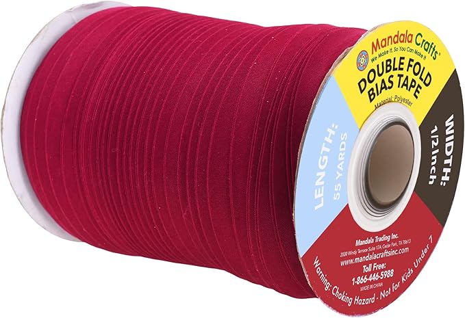 Mandala Crafts 55 Yards 1/2 Inch Burgundy Double Fold Bias Tape for Sewing - Bias Binding Tape for Quilting Binding, Hemming, Seam, and Fabric Piping