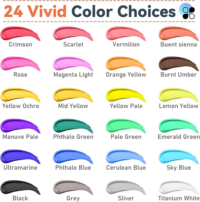 GOTIDEAL Acrylic Paint Set with Paint Brushes, 24 Colors(100ml, 3.4 oz) Paint Kit,Perfect for Artist, Beginner, Ideal for Wood, Canvas, Rocks, Craft Painting Supplies