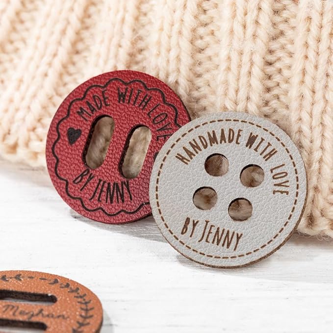 callie Personalized Name Buttons & Tags for Crafts – Custom Text, Leather Handmade with Love Tags for Crochet Items, Gifts for Crafting Knitting Crocheting Sewing Lovers