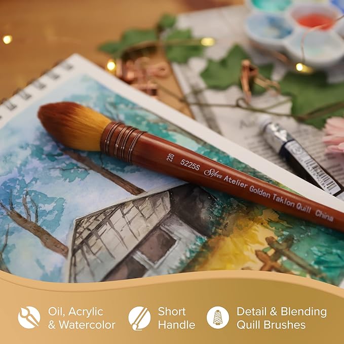 Silver Brush Limited 5225S-60 Silver Atelier Golden Taklon Quill Round Brush, Size 60, Short Handle