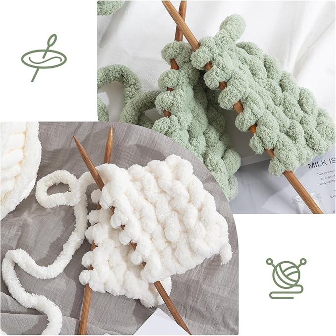 HOMBYS 8 Pack Assorted Chunky Yarn for Crocheting,Super Bulky Large Soft Fluffy Yarn,Plush Fuzzy Yarn,Thick Chenille Yarn for Hand Knitting/Arm Knitting,4 White & 4 Sage Green(27yds,8 oz Each Skein)