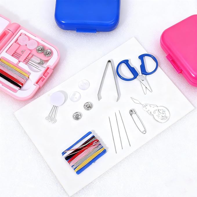 3 Pcs Mini Travel Emergency Sewing Kit – Portable Plastic Box Set with Threads,Needles,Scissors & Threader,Beginner-Friendly for Adults,Women,Mom,Traveler (Pink,Blue,Fuchsia)