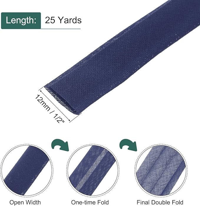 MECCANIXITY 1/2 Inch Double Fold Bias Tape Continuous Bulk Cotton Bias Tape for Sewing Seaming Quilting Hemming Binding Crafts (Navy Blue 25 Yards)