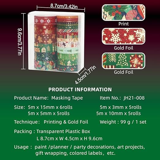 21 Rolls Christmas Gold Foil Washi Tape - Holiday Decor with Snowflake, Deer, Tree Designs - Self-Adhesive Tape for DIY Crafts, Wrapping,Scrapbooking Party Favors