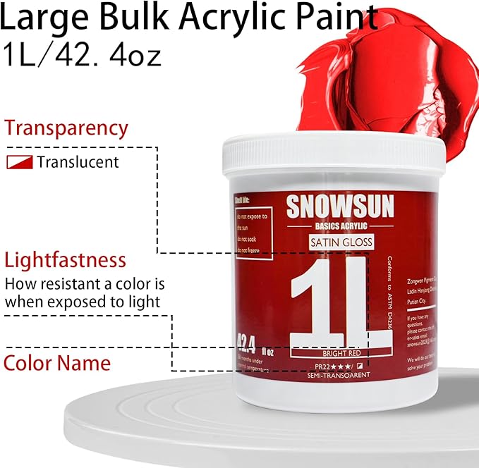 SNOWSUN Red Acrylic Paints, Large Bulk Heavy Body Acrylic Paint (1L，About a quarter of a gallon) - Non Toxic Gloss Thick Art Paint for Multi-Surface, Canvas Wood Ceramic and Leather, Stone Craft, for Artists & Beginners