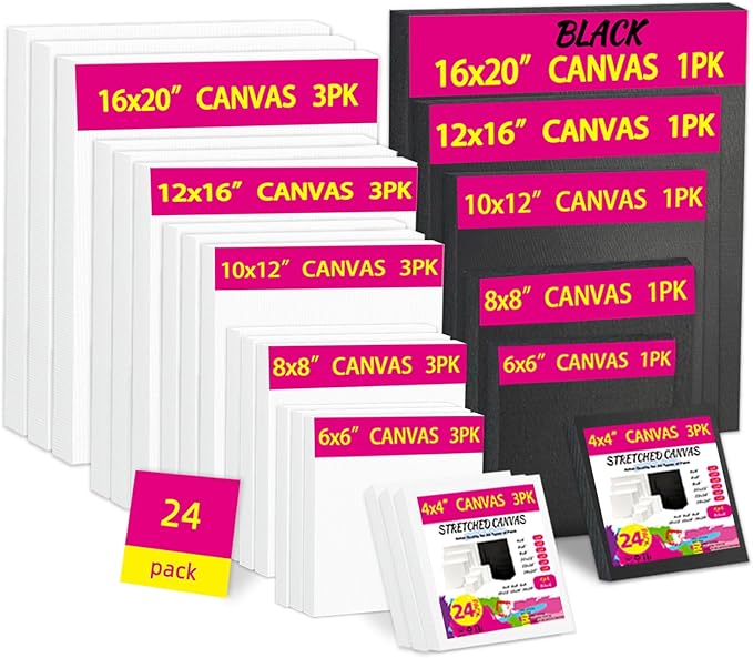 24-Pack Stretched Canvas for Painting, 6 Sizes 4"x4" to 16"x20" Canvas, 12 oz Double Primed 100% Cotton Black Canvas, Reinforced Wood Frame, Perfect for Oil, Acrylic & Mixed Media Artists