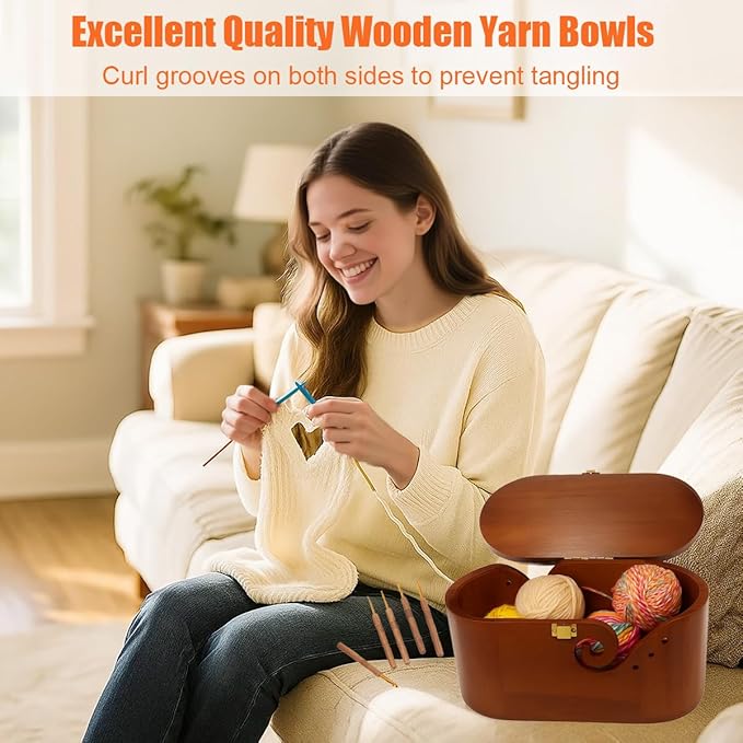 Portable Oval Wooden Yarn Bowl - with Lid, Lock & Handle, 9 Knitting Hooks Set, Perfect Organizer for Threads & Knitting Supplies