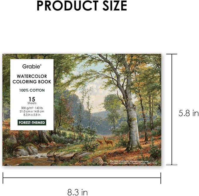 Grabie Watercolor Coloring Book, 15 Sheets A5 (8.3 x 5.8),Watercolor Book for Adults: Ignite Your Artistic Expression on 100% Cotton Paper (Forest)