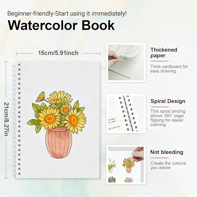 Watercolor Workbook for Beginners with Step-by-Step - 12 Watercolor Coloring Pages - 100% Cotton 300gsm/140lb Watercolor Paper - Gift for Women,Adults, Teens (Bouquet)