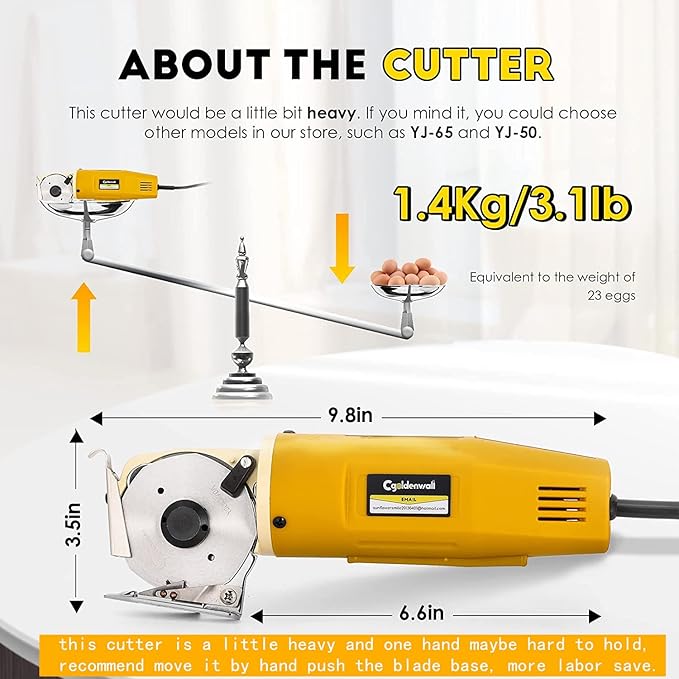 CGOLDENWALL Electric Rotary Fabric Cutter, Multi-Layer, 1"Cutting Thickness, for Cloth, Leather, Carpet, 2400RPM, 110V