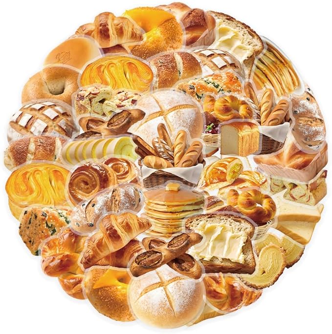 Baking Bread Stickers for Teens Boy Girls Kids|50 Pcs|Clear PET Waterproof Stickers for Laptop Computer Phone Tablet Scrapbook Flasks Water Bottle Bike Notebook Cup,Trendy Food Decals Pack(Bread)