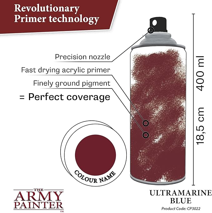 The Army Painter Colour Primer Ultramarine Blue, 400 mL Acrylic Spray Primer, Spray Paint Basecoat for Miniature Priming, Tabletop Roleplaying, Boardgames, and Wargames Miniature Modelling