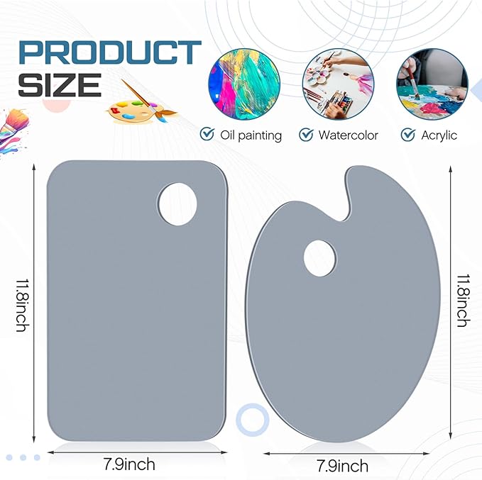 Honoson 2 Pack 11.8 x 7.9 Inch Neutral Grey Acrylic Paint Palette with Opaque Paint Pallet, Easy to Clean Non Stick Artist Pallet for Oil Watercolor Craft DIY Painting Palette (Square and OVA)