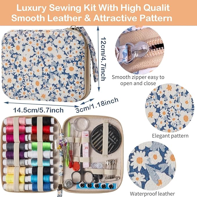 Daisy Sewing Kit Printing Sewing Kit,Professional Sewing Supplies for Adults, Zipper Sewing Needles Set, 87 PCS Travel Sewing Accessory for Emergency, Home