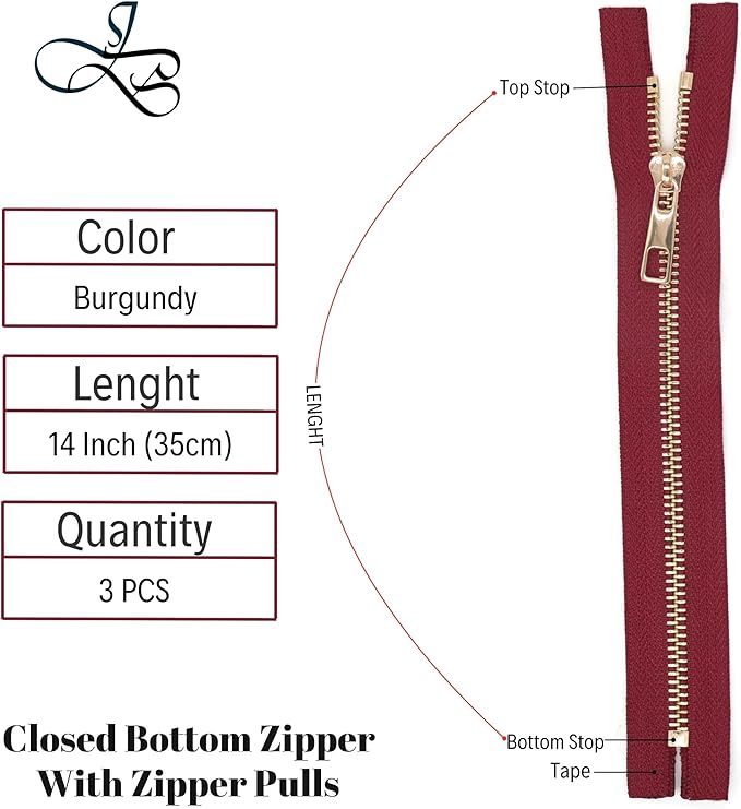 #5 Gold Metal Zipper - 50+ Colors - 3 PCS - (4-14 inches) Sizes - Luxury Lightweight Handcraft Metal Zippers with pulls for Purses Bags Pockets Shoes Sewing & Crafts DIY ZP021814