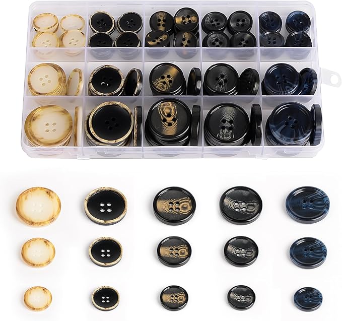 110Pcs Mixed Sewing Buttons, 4-Hole Craft Round Blazer Buttons, 5 Color 3 Size (15mm, 20mm, 25mm) Suit Coats Resin Button, Suitable for Variety Clothing Sewing, DIY Craft (Style B)