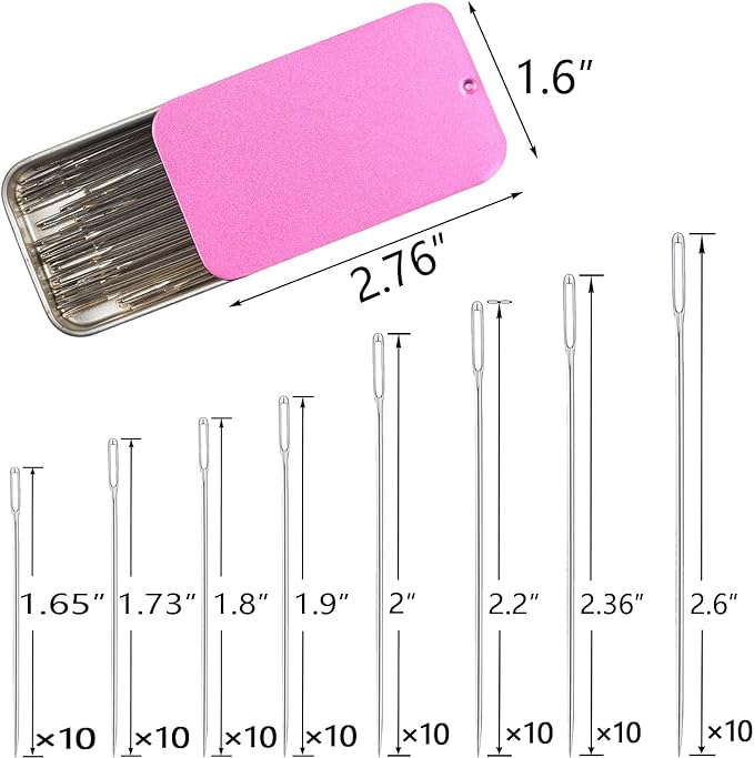 40/80PCS Large Eye Sewing Needles, 8 Sizes Hand Sewing Sharp Needles, Embroidery Needle, Leather Needle,Stainless Steel Yarn Needles with Threaders & Stitch Markers (Rosy Purple 80pcs)