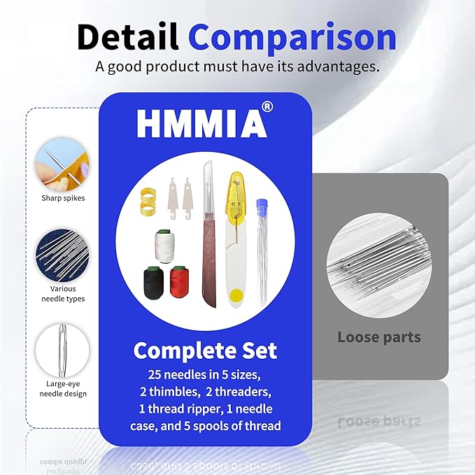 HMMIA Big Eye Steel Sewing Needles Kit, 34PCS Stainless Steel Needles for Hand Sewing, Long & Thin DIY Handmade Quilting Needle Set for Handcraft Lovers, Upholstery Repair Kit