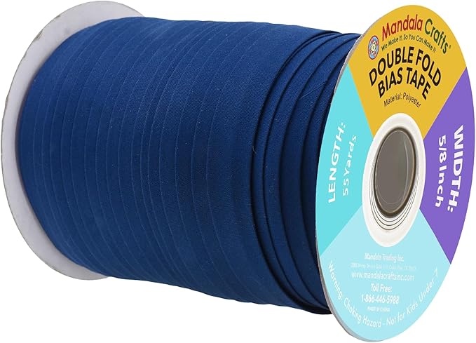 Mandala Crafts 55 Yards 5/8 Inch Navy Blue Double Fold Bias Tape for Sewing - Bias Binding Tape for Quilting Binding, Hemming, Seam, and Fabric Piping