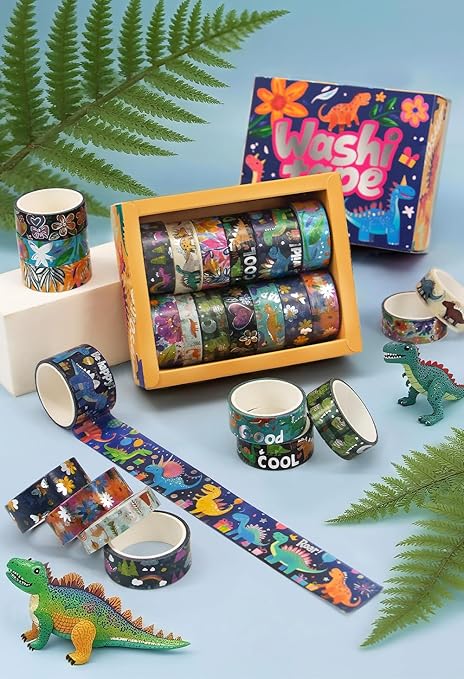 Dinosaur Washi Tape Set, 13 Rolls Silver Foil Cute Washi Tapes, Kawaii Floral Decorative Masking Tape for Journaling Supplies, Scrapbooking, Bullet Journal, Planner Decoration, DIY Crafts