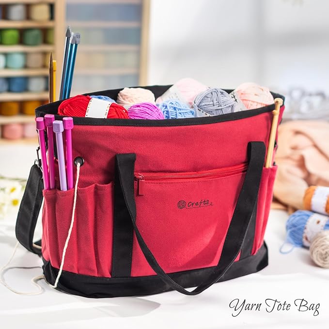 MYBAGZING Canvas Yarn Storage Organizer Bag Washable Crochet Bag with Pockets for Yarn, Hooks, Needles – Travel Knitting Tote for Crafters – Gift for Crocheters & Knitters (Medium/Large)