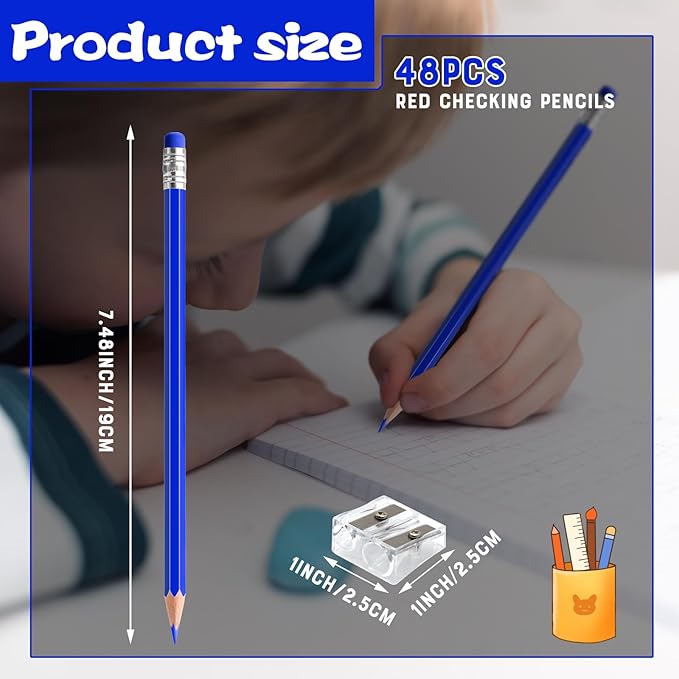 48 PCS Blue Checking Pencils Erasable Colored Pencils with Eraser Pre-Sharpened 2 HB for Checking, Grading, Tests & Office/School Supplies (Blue)