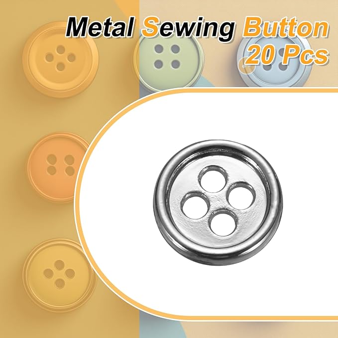 HARFINGTON 20pcs Metal Sewing Button, 10mm 4-Hole Round Suit Shirts Coats Clothes Sewing Buttons for Decoration Craft, Silver