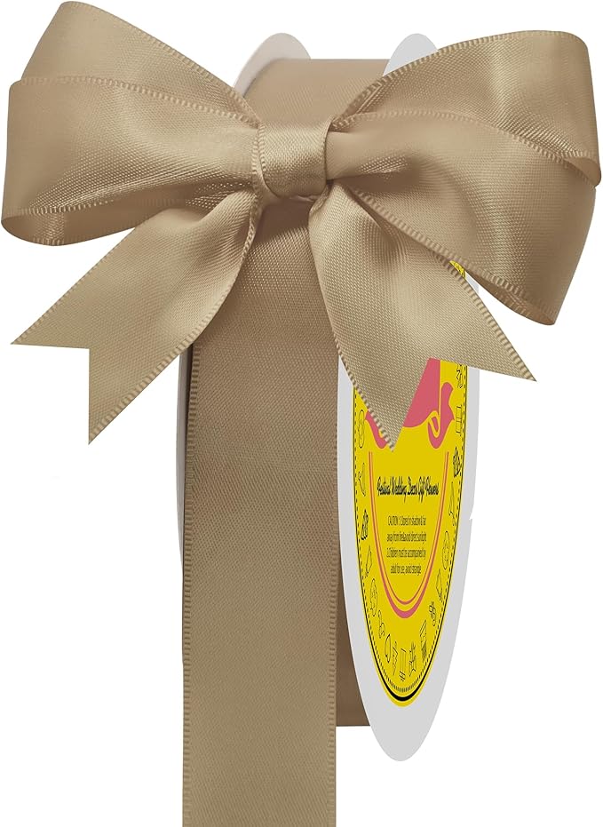 Tan Double Face Satin Ribbon 1 inch X 50 Yards Spool Bright Colors Very Suitable for Weddings Gift Package Wrapping Dancer Wand Sewing Party Hair Bow Invitation Decorations and More