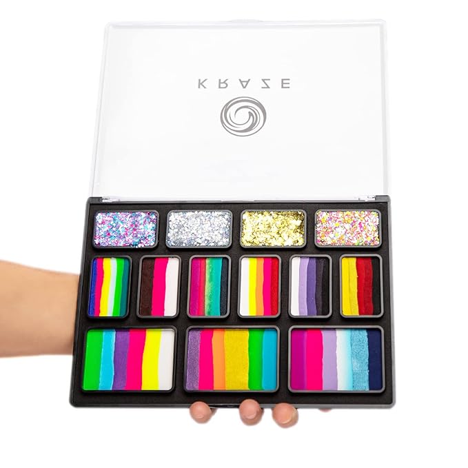 Kraze FX Professional Face Painting Split Cake Palette, Water Activated, Hypoallergenic, Safe, Non Toxic Halloween Party Makeup Face Paint Kit for Kids & Adults (9 Splitcake, 4 Glitter Set)