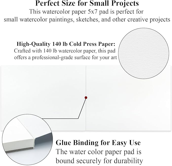 Watercolor Paper 5x7, Small Watercolor Sketchbook, 30 Sheets (60pages) 140 lb Cold Press Water Color Paper, 300gsm Paper for Water Color Paint, Watercolor Art Supplies for Adults & Beginners.