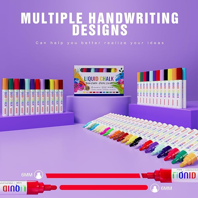 IJIANG 24 Colors Liquid Chalk Markers with 6mm Reversible Bullet & Chisel Tip, Dust Free Chalk Markers for Blackboards Chalkboard Signs Whiteboard Calendar Window Glass