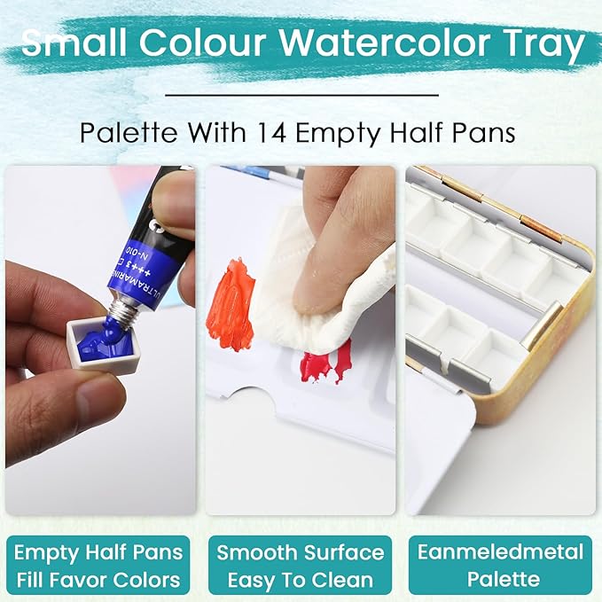 Watercolor Palette Empty with 14PCS Watercolor Half Pans - Sturdy Metal Empty Watercolor Palette Tin - Suitable for Gouache, Watercolor, Acrylic Painting