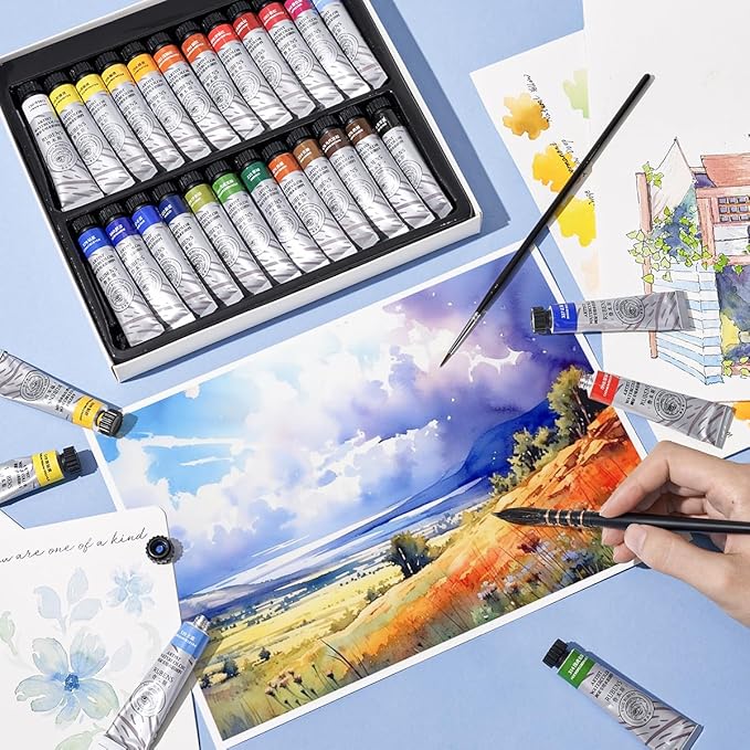 Paul Rubens Watercolor Paint Set 24 Vibrant Colors 12ml / 0.4 Fl Oz Tubes, Watercolor Tubes with Great Value, Water Color Paints Art Supplies for Adults, Artists & Beginners & Academy Grade