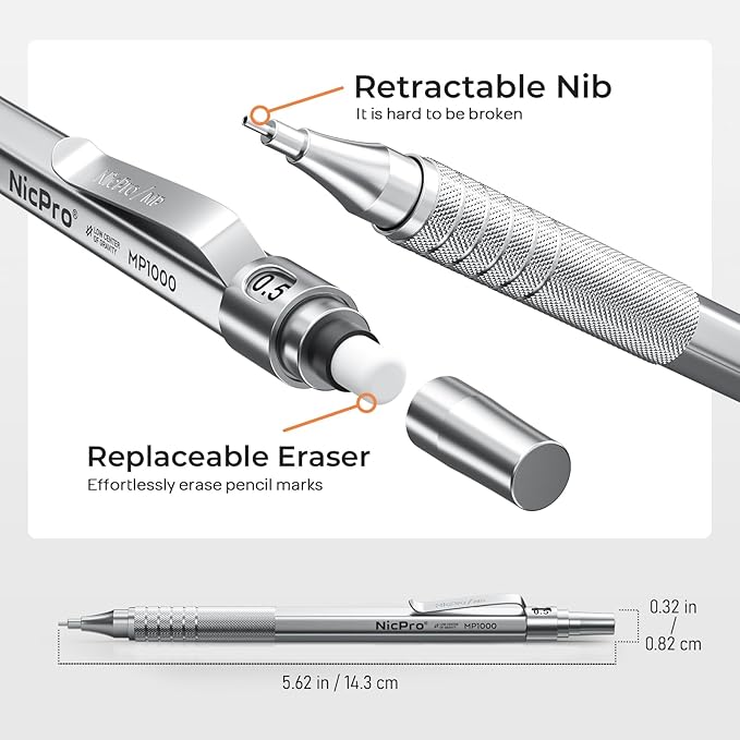 Nicpro 4 PCS Metal Mechanical Pencil Set 0.5 mm & 0.7mm with Case, Artist Pencil MP1000 with 6 Tubes HB Lead Refill, 3 Eraser, 9 Eraser Refill For Art Writing Drafting Drawing,Black & Silver