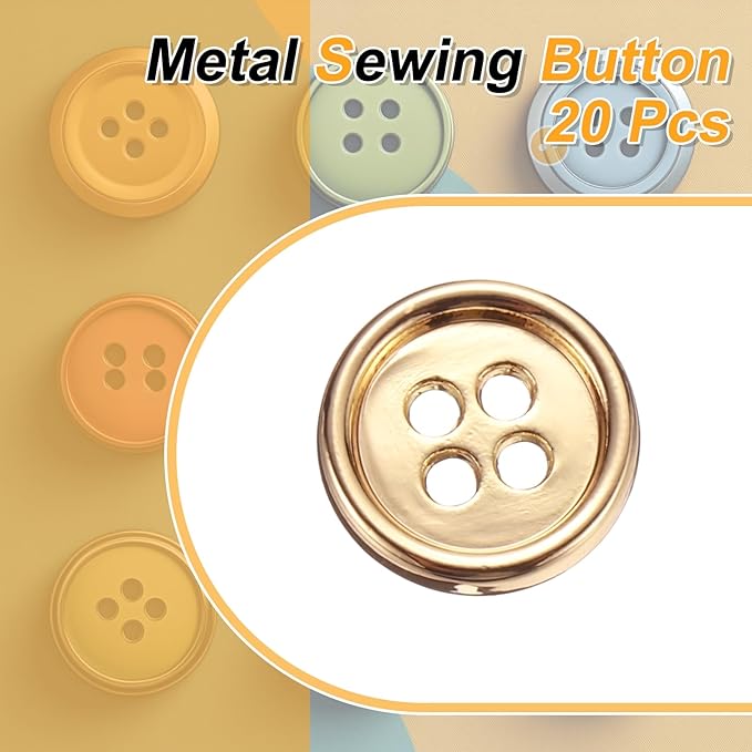 HARFINGTON 20pcs Metal Sewing Button, 12.5mm 4-Hole Round Suit Shirts Coats Clothes Sewing Buttons for Decoration Craft, Gold
