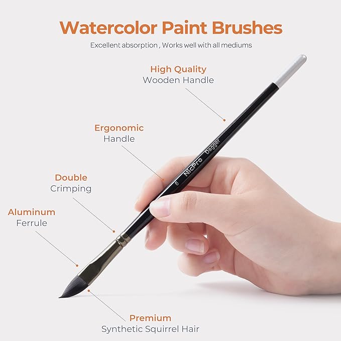 Nicpro Watercolor Brushes Professional, 24pcs Soft Synthetic Squirrel Hair Watercolor Paint Brush Set with Cloth Roll, Round, Flat, Filbert, Dagger, Cat Tongue for Water Color Gouache Inks Painting