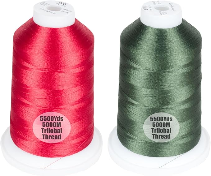 Simthread 2-Pack Trilobal Polyester Thread – 5000M (5500yds) No.40 Tangle-Free, Built-in Thread Lock Spool – Compatible with Brother, Singer, Janome & More,Red800+Green519