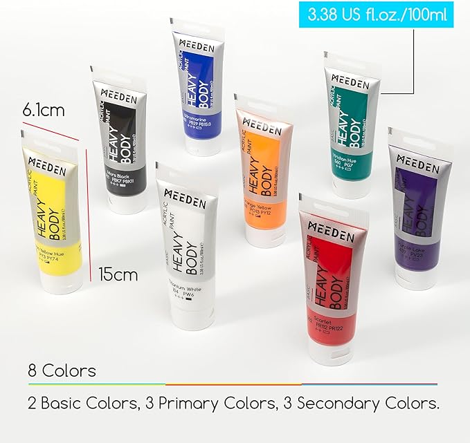 MEEDEN Thick Acrylic Paint Set: Satin Finish Acrylic Paints for Ornaments Painting - 100ml/3.38oz 8 Primary Colors Heavy Body Art Paint Tubes for Christmas Decoration