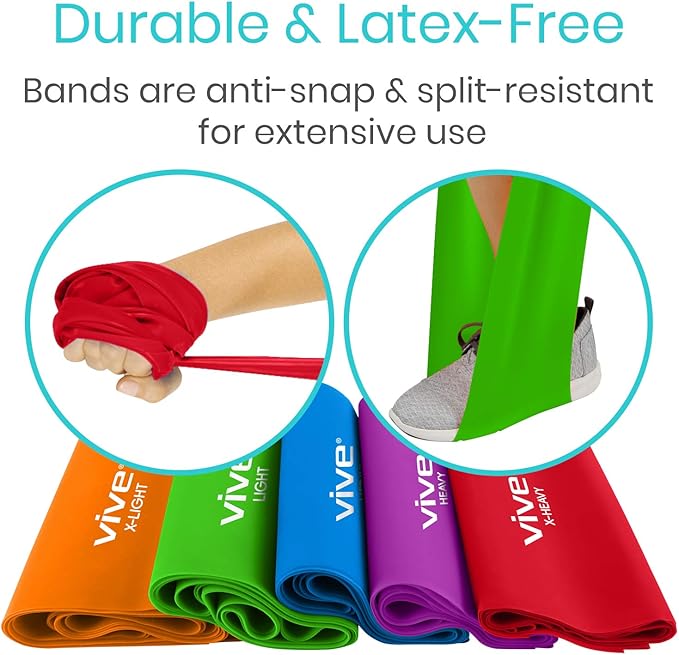 Vive Flat Resistance Band (5 Piece Set) - Stretch Bands for Exercise, Physical Therapy, Yoga - Elastic Bands, Long Stretching Rubber - Track & Field Accessories, Fitness Training, Home Gym for Adults