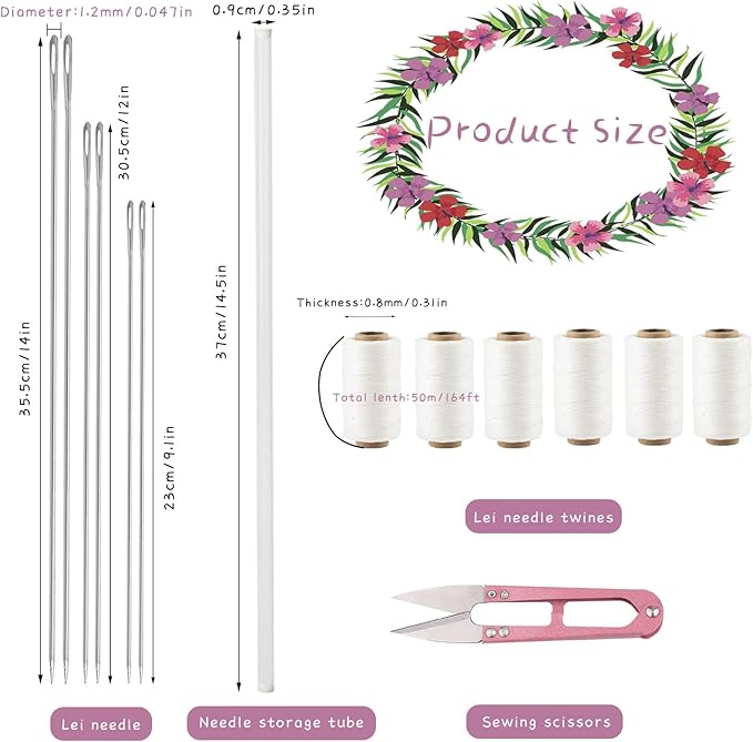 Lei Needle Kit, 6 Pcs Extra Long Sewing Needles 6 Rolls Lei Needle Twine 1 Needle Storage Tube 1 Sewing Scissors, Long Upholstery Needles for DIY Graduation Hawaiian Flower Lei Making(14", 12", 9.1")