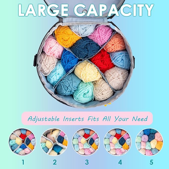 Expandable Large Crochet Bag, Zippered Yarn Storage Organizer & Knitting Tote Bag with Multiple Pockets, Craft Accessories Case, Gift for Crafters