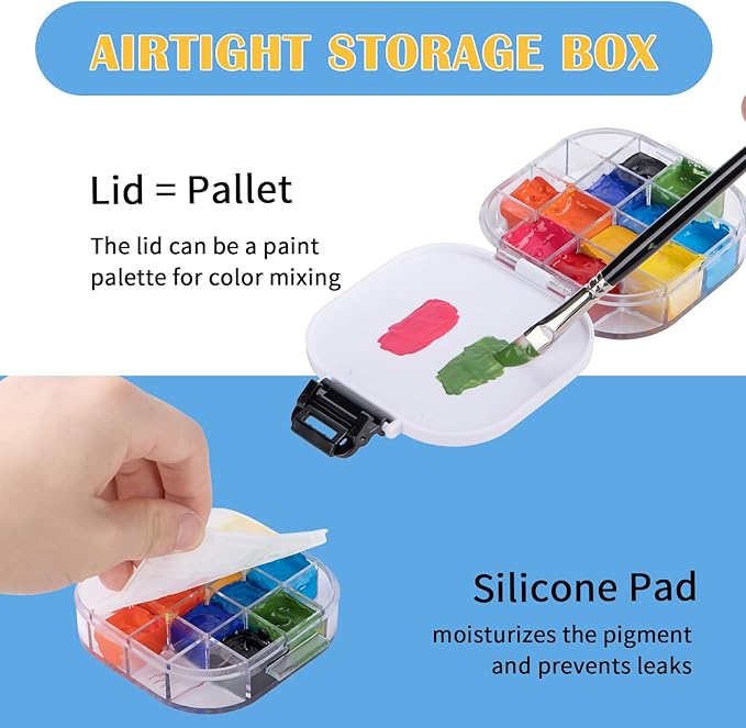 Falling in Art Paint Palette, Airtight 16 Wells Storage Palette Box with Lid and Folding Paint Brush Basin for Watercolor, Gouache and Acrylic Painting (Black)