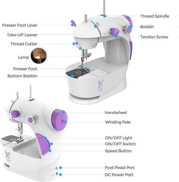 KPCB Tech Sewing Machine for Beginners [Full Set] with Finger Guard and Fabric Bundles - Mini Sewing Machine with Sewing Kits, Foot Pedal, US Adapter and Extension Table