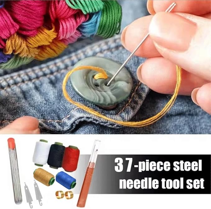 37PCS Big Eye Steel Sewing Tool Set, Needle and Thread Kit, Threader and Needle Repair Kit Stainless Steel Needles for Hand Sewing