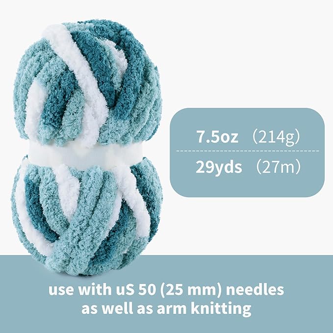 Hombys 8 Pack Giant Chunky Yarn for Crocheting & Knitting, Super Bulky Soft Fluffy Tie Dye Plush Fuzzy Mixed Color Thick Chenille Yarn (Blue Multi, White)