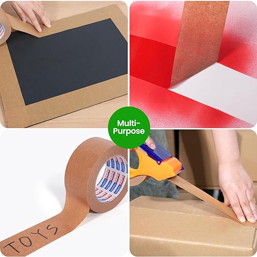 ADHES Heavy Duty Paper Packing Tape Kraft Paper Tape, Eco Friendly & Biodegradable, Writable & Uncoated Brown Packing Tape for Masking, Sealing, and Packaging Use, 2 Inch x 43 Yards, 3 Rolls